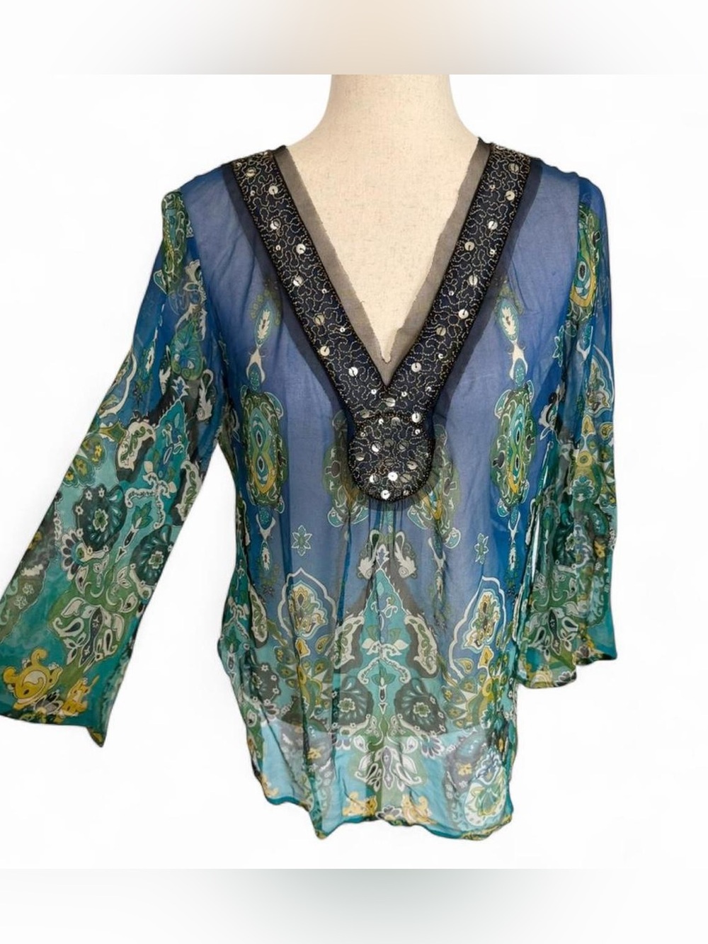 Y2K 100% Silk Beaded Sheer Sequin Boho Statement Tunic Top Flare Sleeve Medium